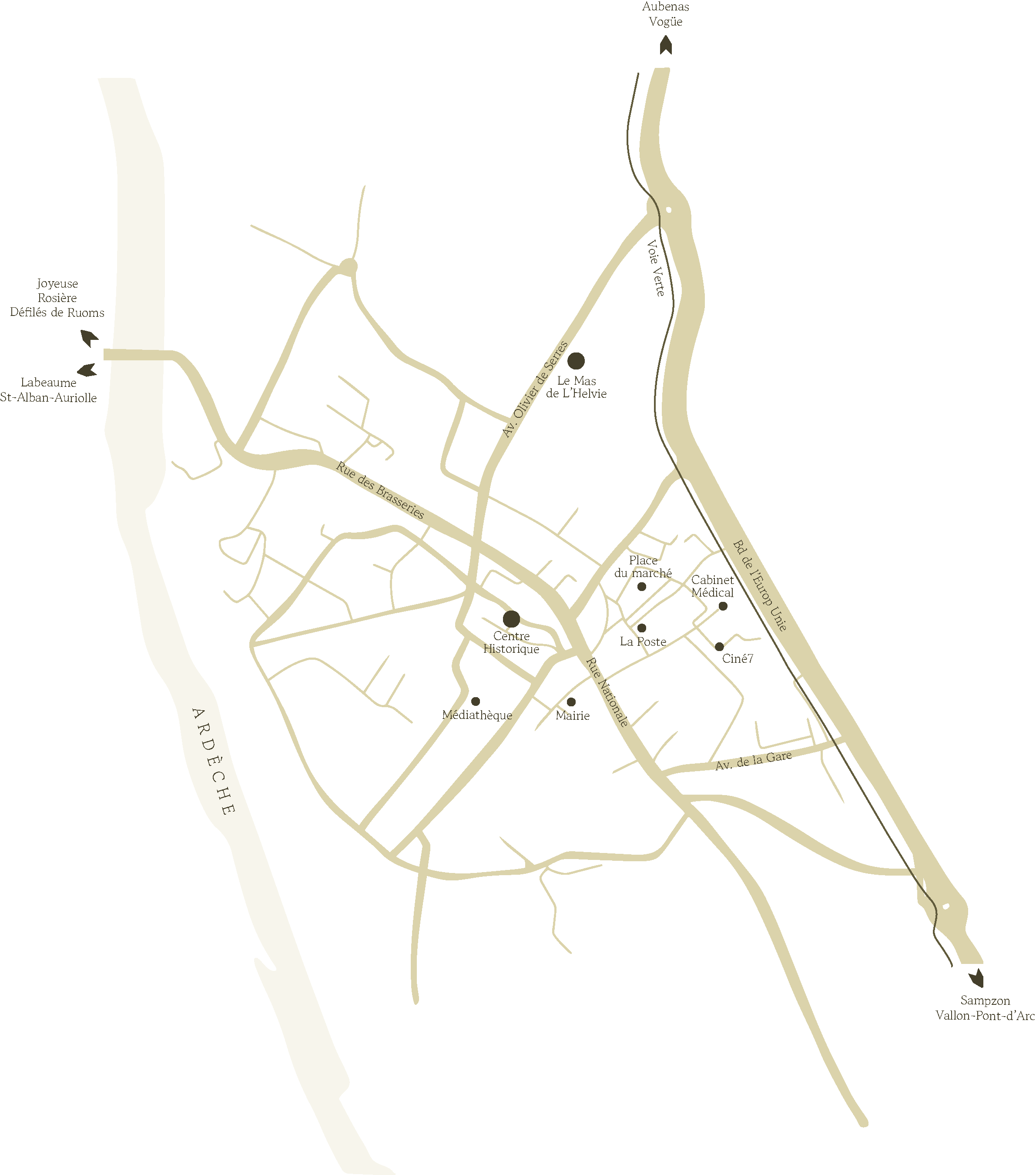 Plan illustré du village de Ruoms, Ardèche